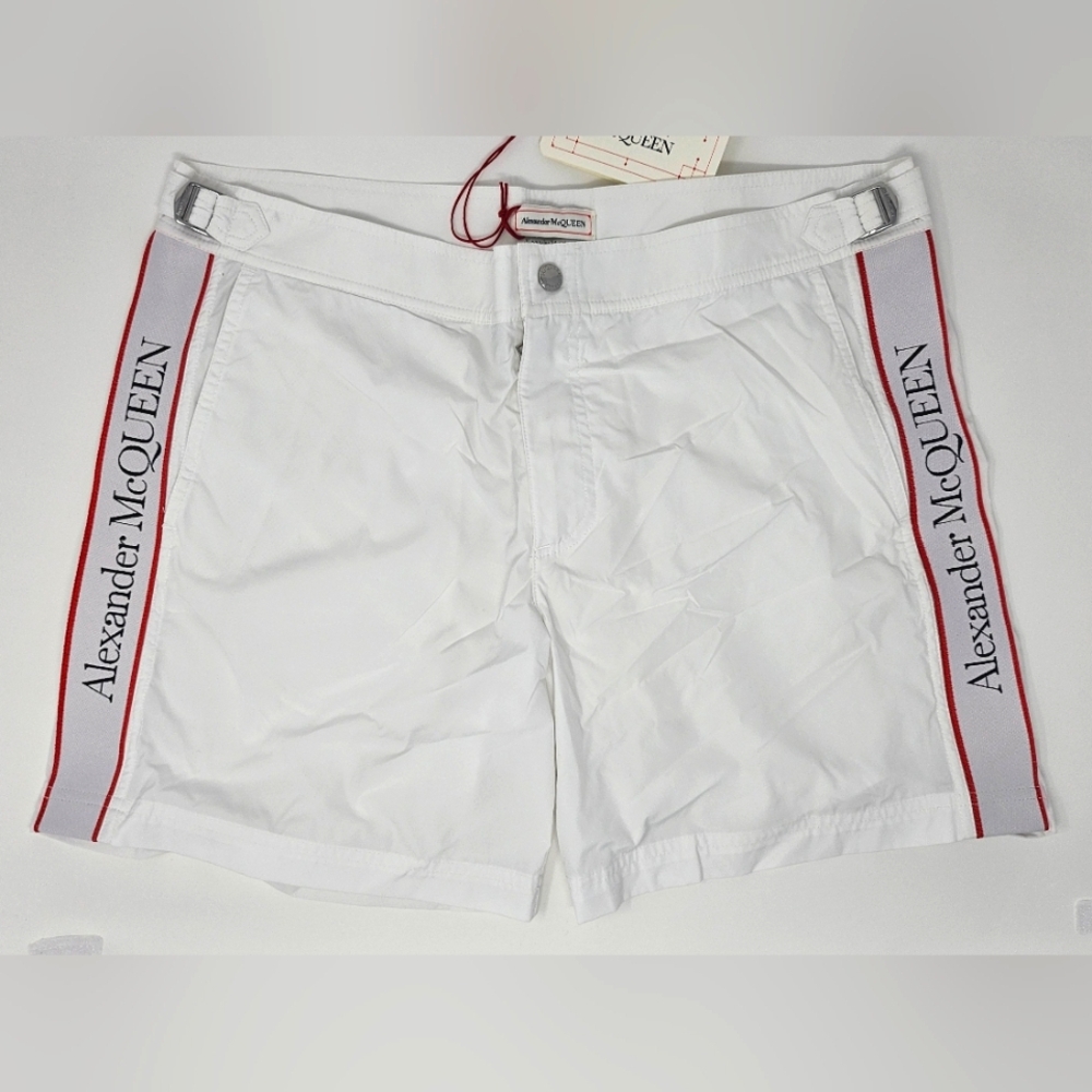 Alexander McQueen M 28 30 32 33 White Red Side Stripe Swim Shorts Trunks Mesh